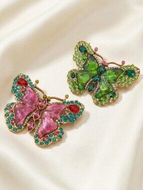 Butterfly Brooch Pair Enamel and Crystal Statement Pins 3" Modern Gold Tone